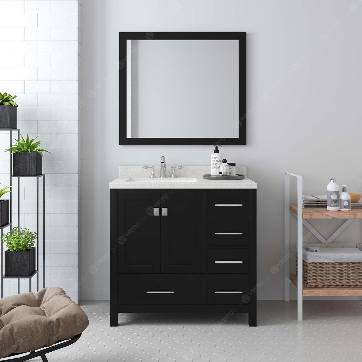 Virtu USA Caroline Avenue 36" Single Bath Vanity with Dazzle White Quartz Top and Square Sink with Matching Mirror