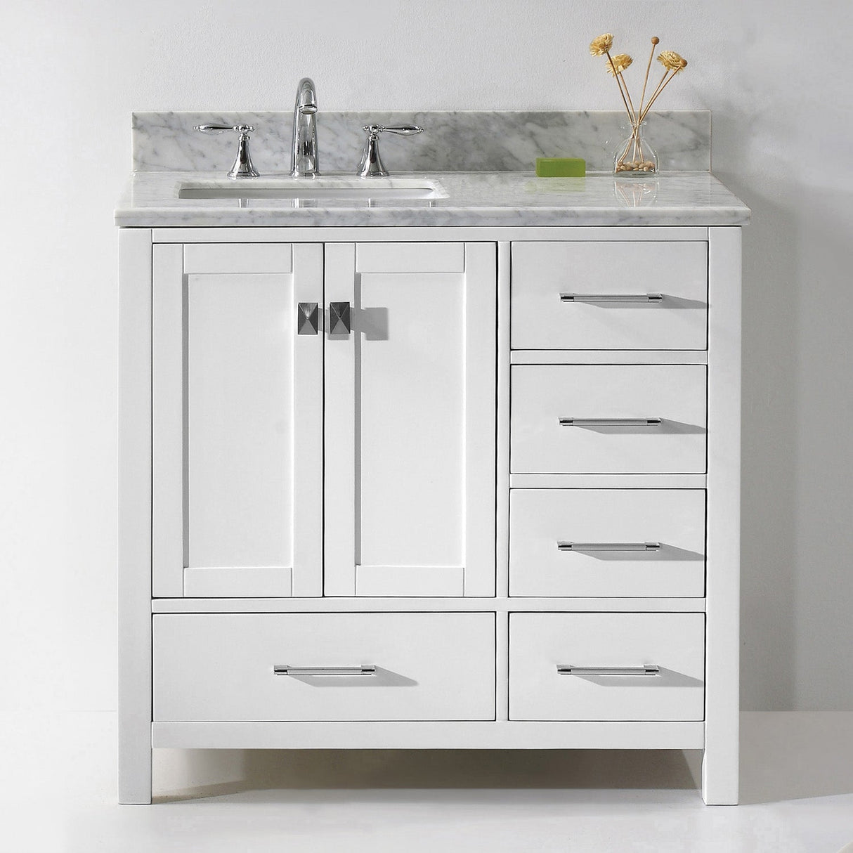 Virtu USA Caroline Avenue 36" Single Bath Vanity with White Marble Top and Square Sink with Polished Chrome Faucet