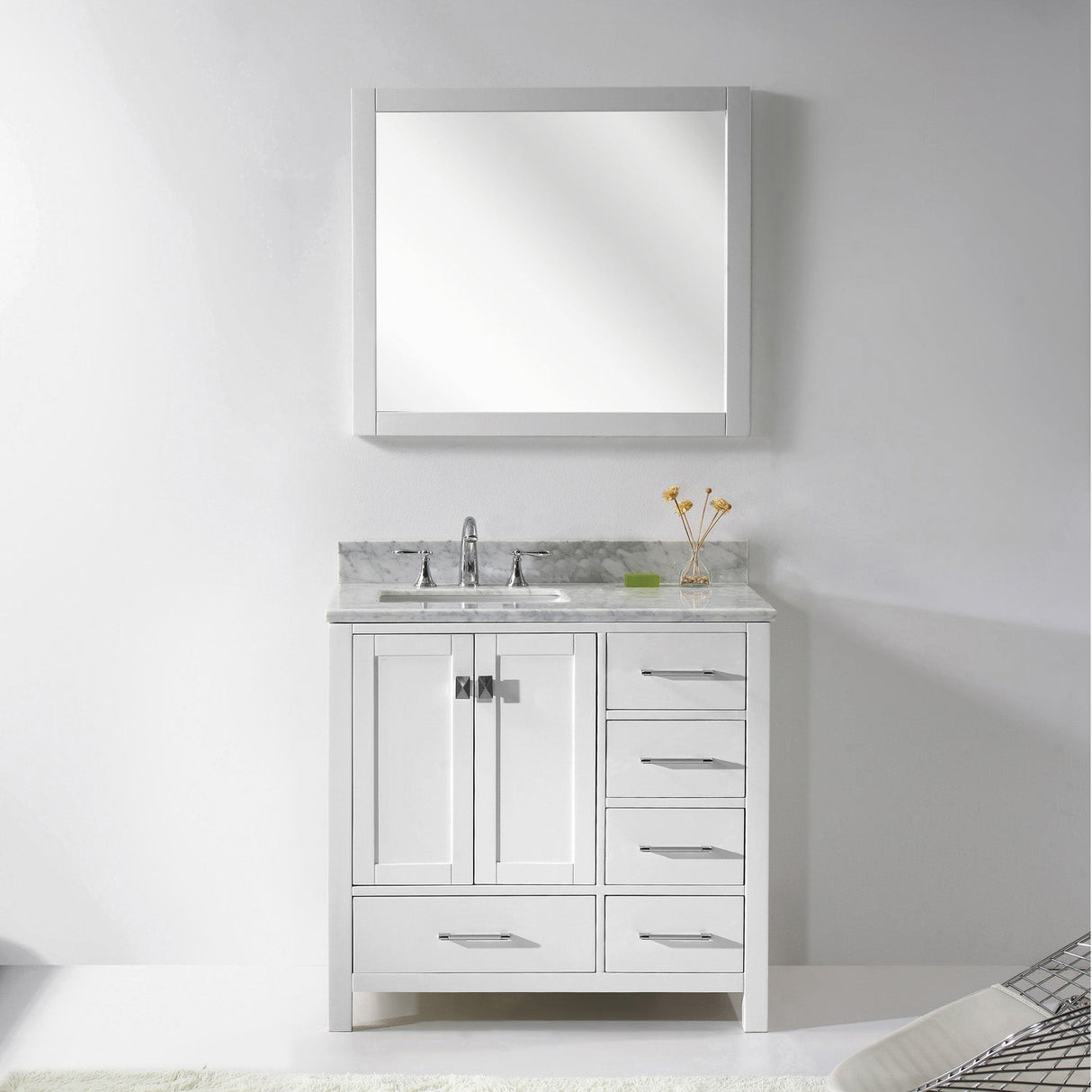 Virtu USA Caroline Avenue 36" Single Bath Vanity with White Marble Top and Square Sink with Brushed Nickel Faucet with Matching Mirror