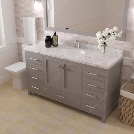 Virtu USA Caroline Avenue 60" Single Bath Vanity with Cultured Marble Quartz Top and Round Sink with Matching Mirror