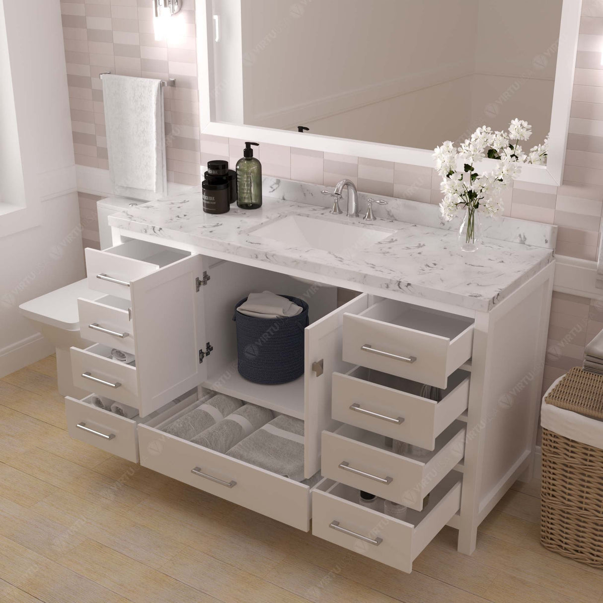 Virtu USA Caroline Avenue 60" Single Bath Vanity with White Quartz Top and Square Sink with Polished Chrome Faucet with Matching Mirror