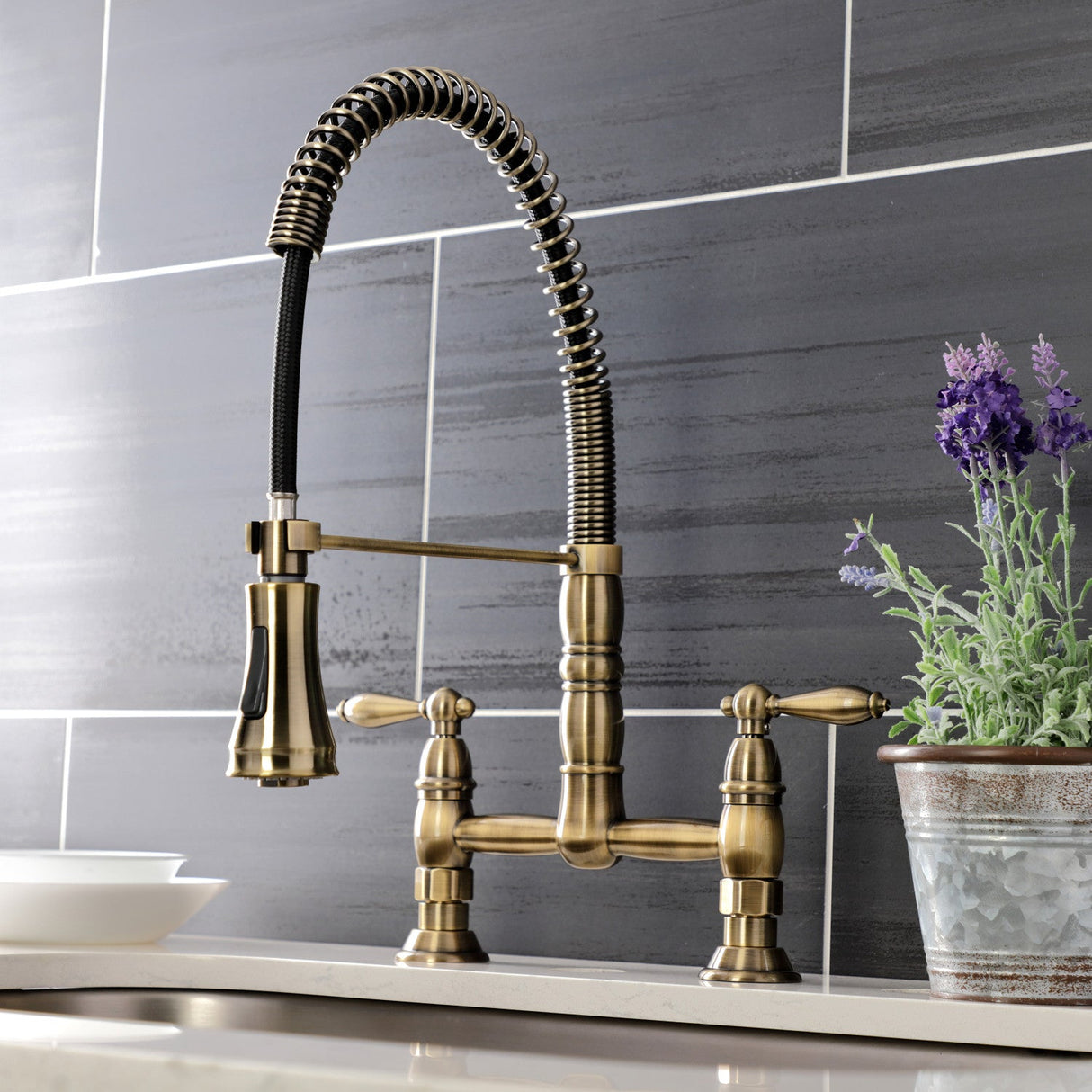 Heritage GS1273AL Two-Handle 2-Hole Deck Mount Pull-Down Sprayer Kitchen Faucet, Antique Brass