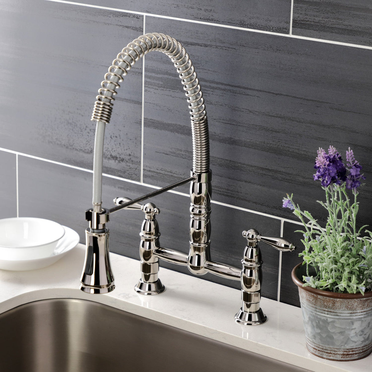 Heritage GS1276AL Two-Handle 2-Hole Deck Mount Pull-Down Sprayer Kitchen Faucet, Polished Nickel