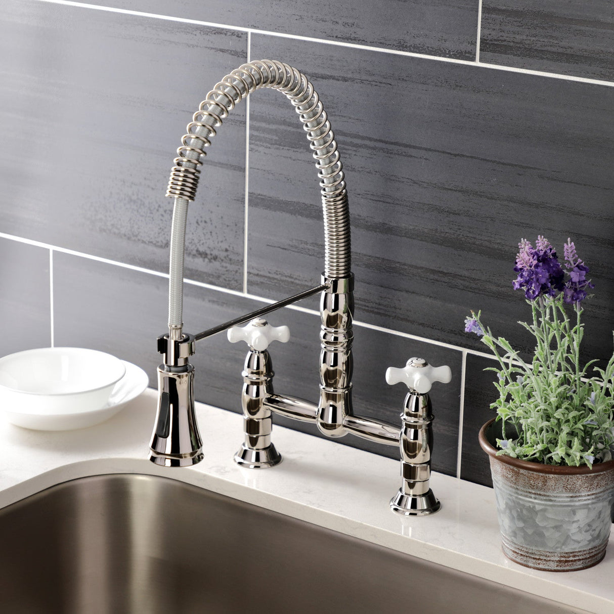 Heritage GS1276PX Two-Handle 2-Hole Deck Mount Pull-Down Sprayer Kitchen Faucet, Polished Nickel