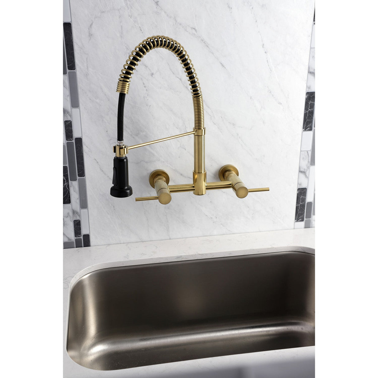 Concord GS8187DL Two-Handle 2-Hole Wall Mount Pull-Down Sprayer Kitchen Faucet, Brushed Brass