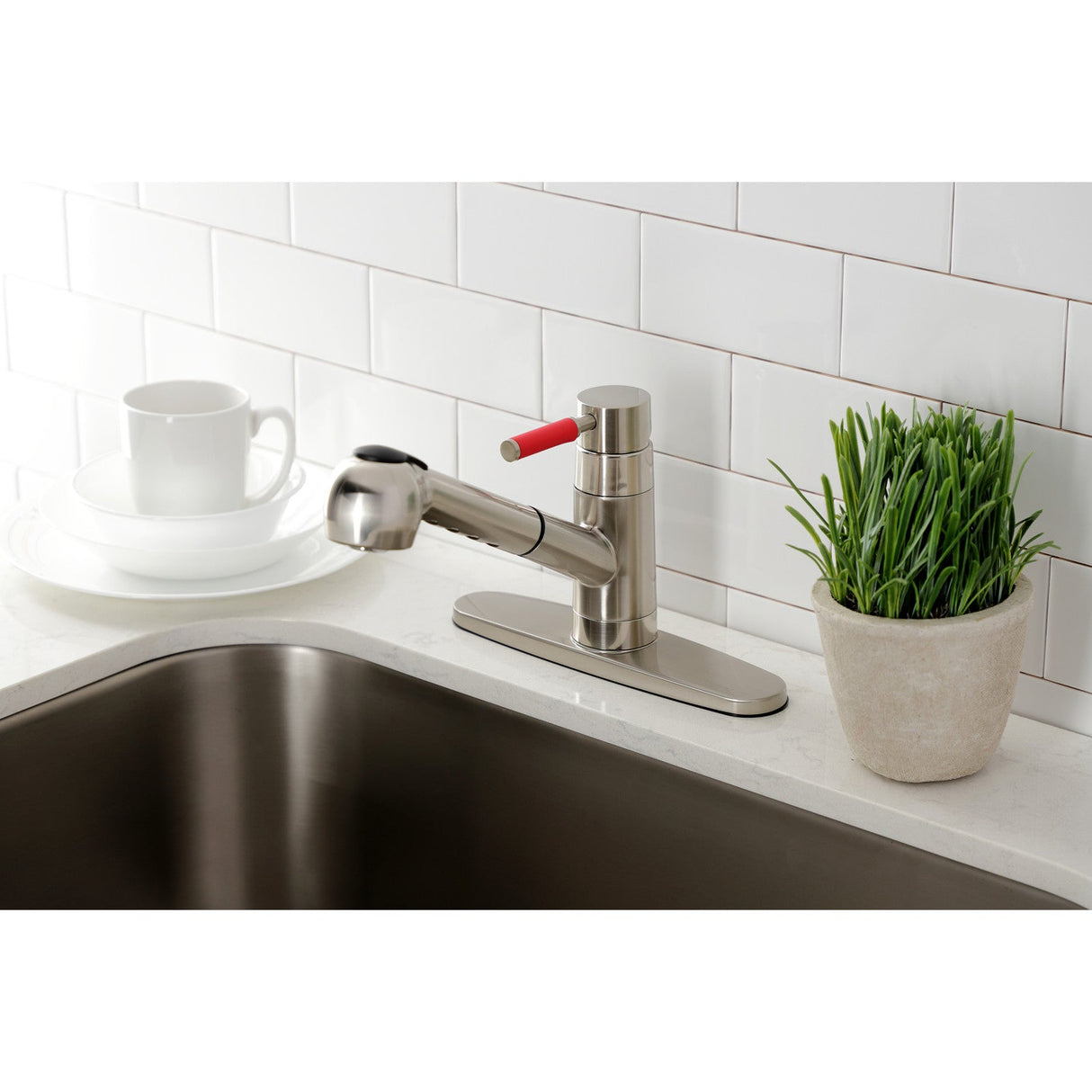 Kaiser GSC888DKLSP Single-Handle 1-or-3 Hole Deck Mount Pull-Out Sprayer Kitchen Faucet, Brushed Nickel
