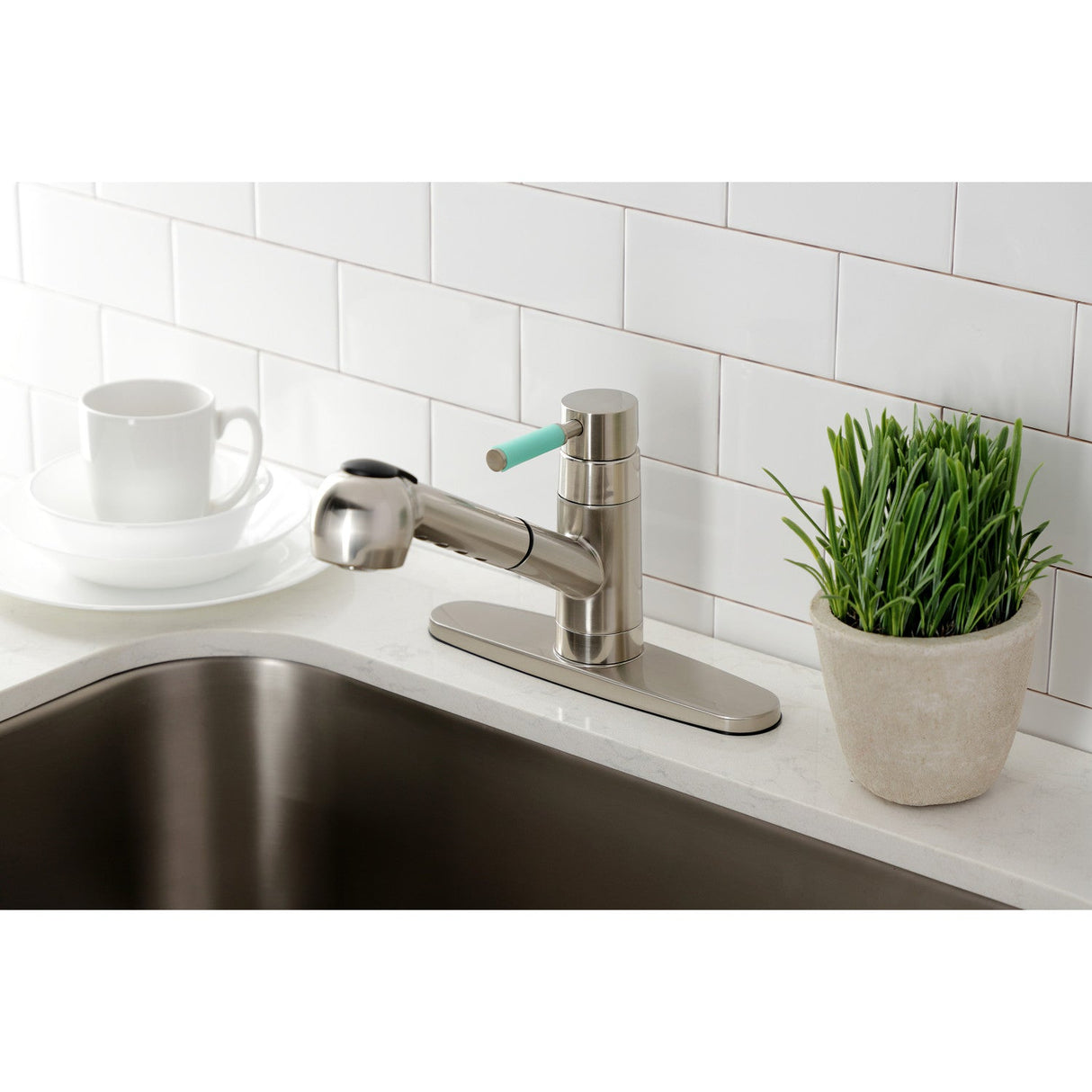 Kaiser GSC888DKLSP Single-Handle 1-or-3 Hole Deck Mount Pull-Out Sprayer Kitchen Faucet, Brushed Nickel