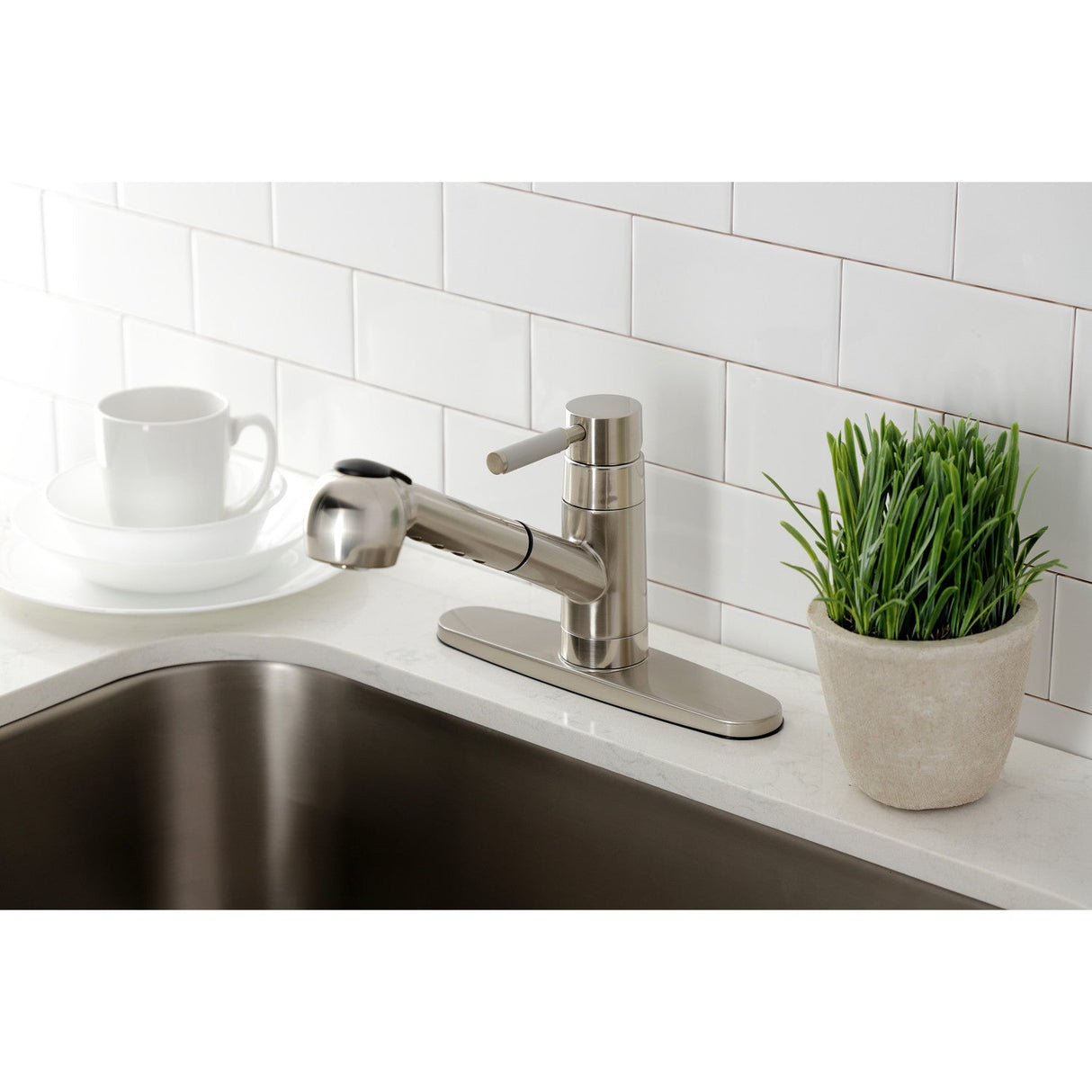 Kaiser GSC888DKLSP Single-Handle 1-or-3 Hole Deck Mount Pull-Out Sprayer Kitchen Faucet, Brushed Nickel