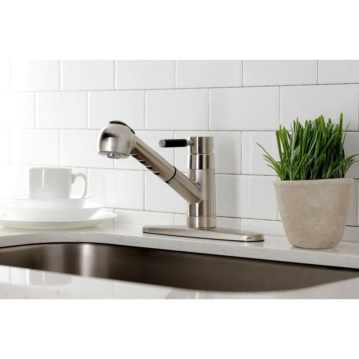 Kaiser GSC888DKLSP Single-Handle 1-or-3 Hole Deck Mount Pull-Out Sprayer Kitchen Faucet, Brushed Nickel