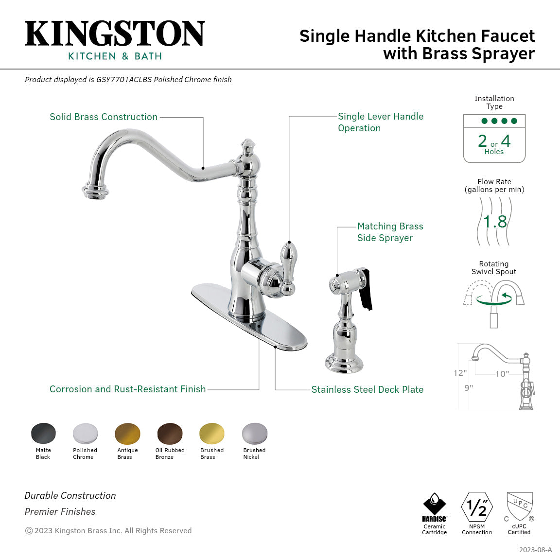 American Classic GSY7701ACLBS Single-Handle 2-or-4 Hole Deck Mount Kitchen Faucet with Brass Sprayer, Polished Chrome