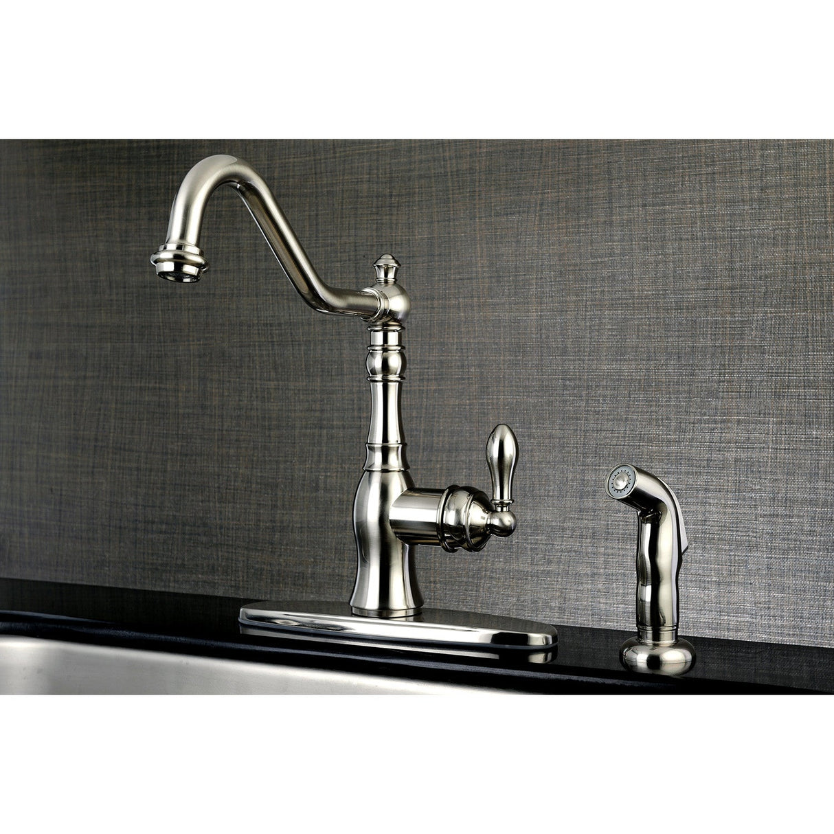 American Classic GSY7708ACLSP Single-Handle 2-or-4 Hole Deck Mount Kitchen Faucet with Brass Sprayer, Brushed Nickel
