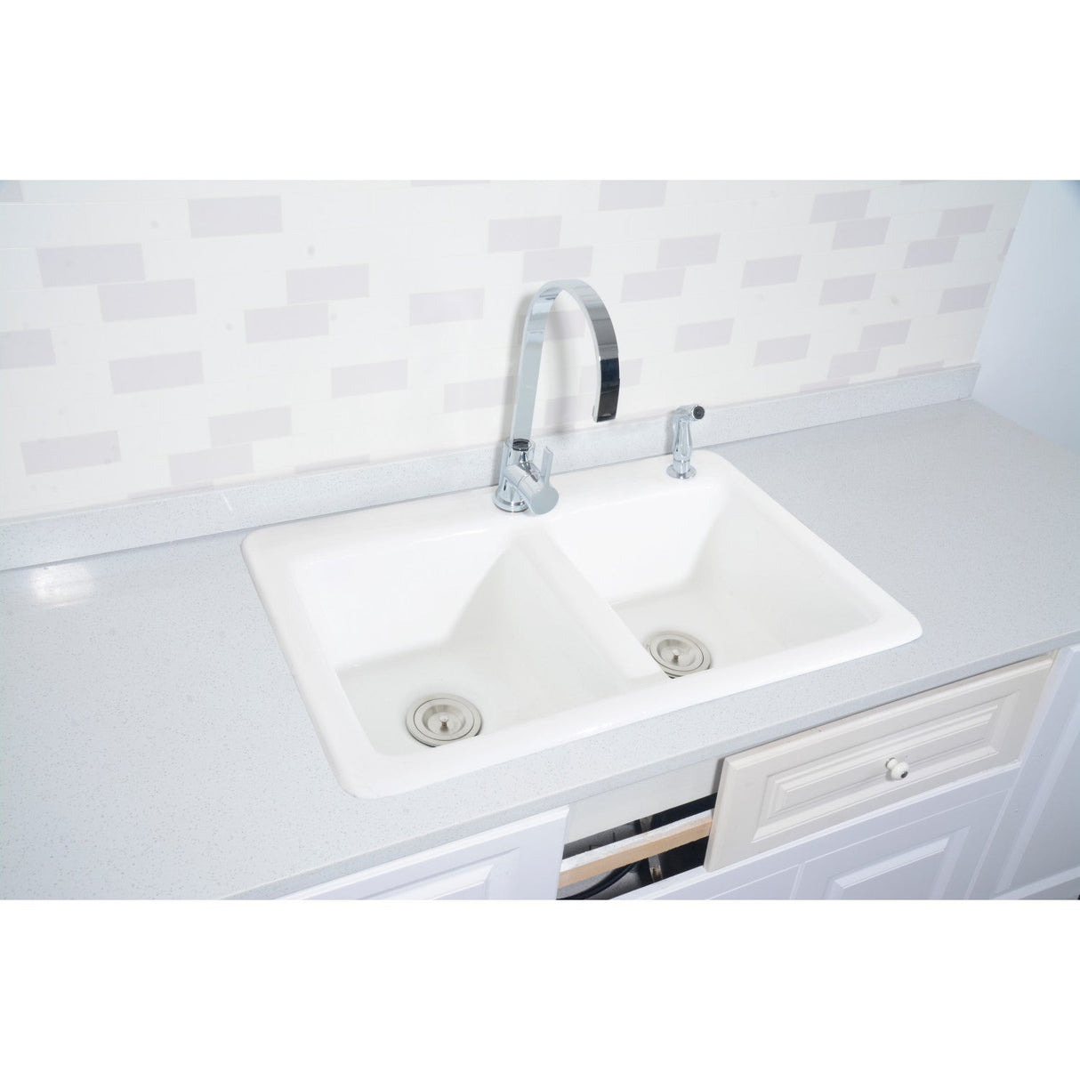 Petra Galley GT33229D2 33-Inch Cast Iron Self-Rimming 2-Hole Double Bowl Drop-In Kitchen Sink, White