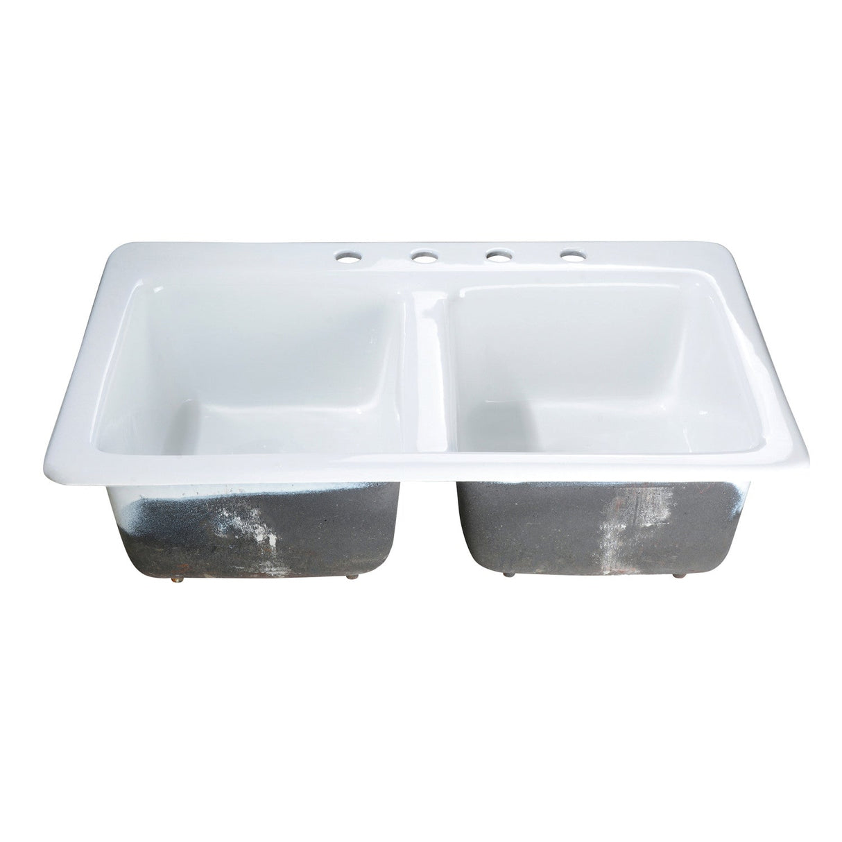Petra Galley GT33229D4 33-Inch Cast Iron Self-Rimming 4-Hole Double Bowl Drop-In Kitchen Sink, White