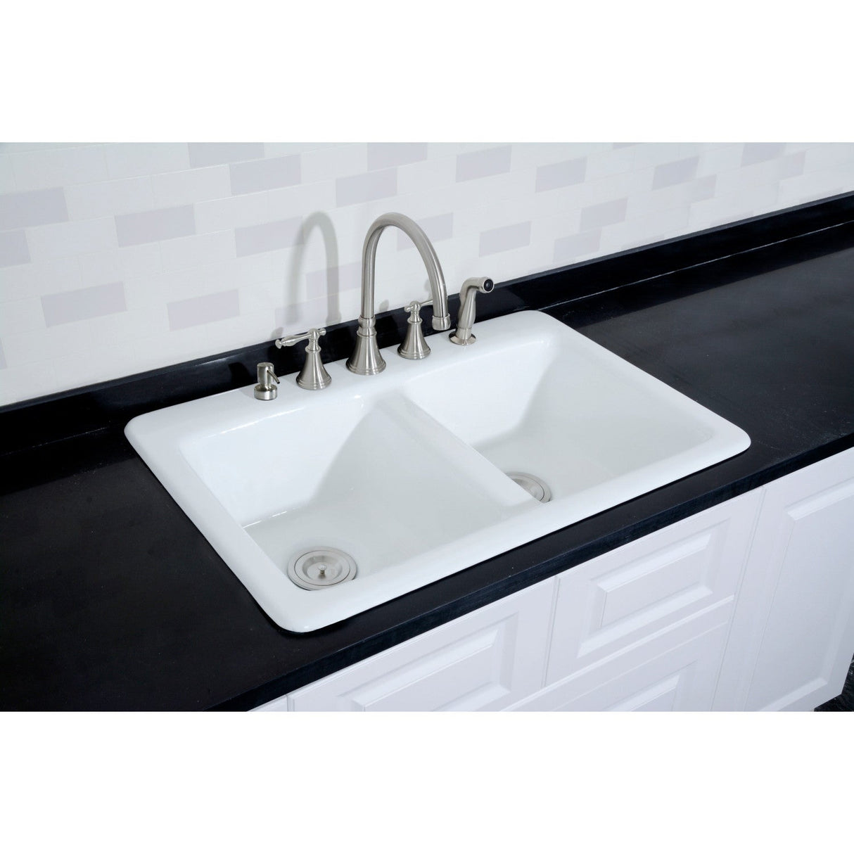 Petra Galley GT33229D5 33-Inch Cast Iron Self-Rimming 5-Hole Double Bowl Drop-In Kitchen Sink, White
