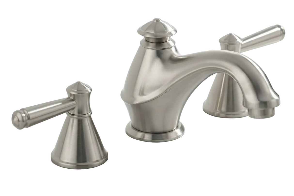 A three-hole bathroom faucet set with two matching lever handles, finished in brushed nickel, mounted on a white marble sink countertop against a white background.