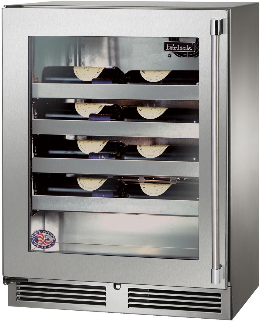 Perlick 24" Signature Series Built-In Wine Cooler with 20 Bottle Capacity Single Zone with Glass Door in Stainless Steel (HH24WM-4-3)