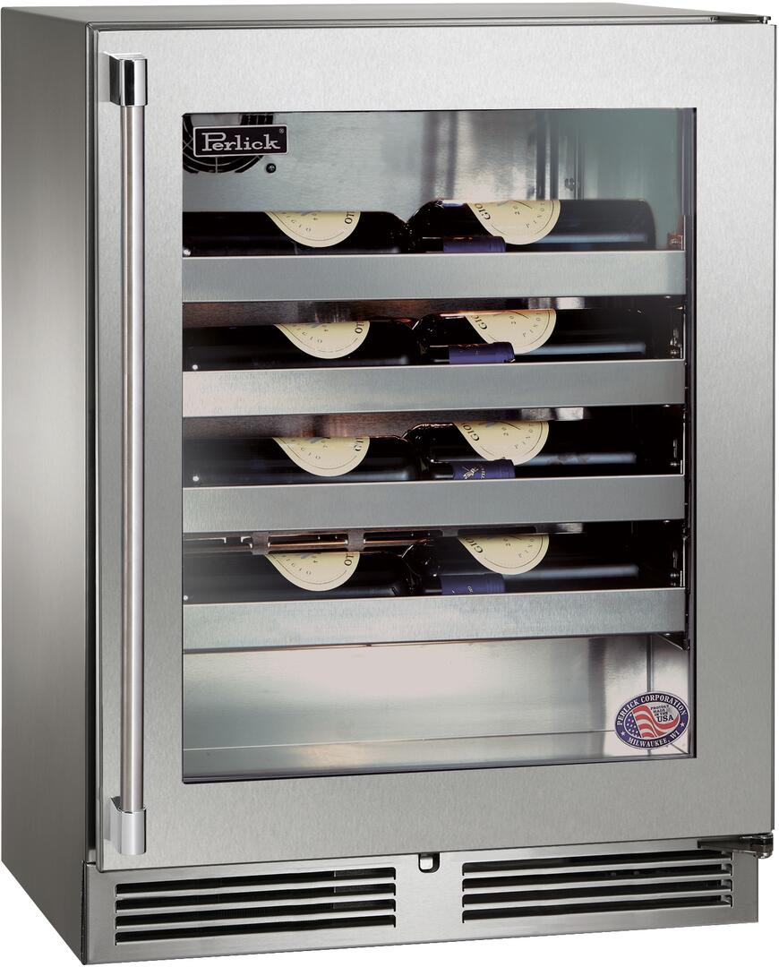 Perlick 24" Signature Series Built-In Wine Cooler with 20 Bottle Capacity Single Zone with Glass Door in Stainless Steel (HH24WM-4-3)