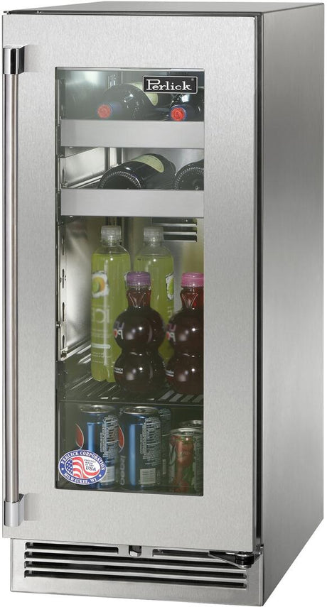 Perlick 15" Signature Series Outdoor Built-In Glass Door Beverage Center with 2.8 cu. ft. Capacity in Stainless Steel  (HP15BM-4-3)