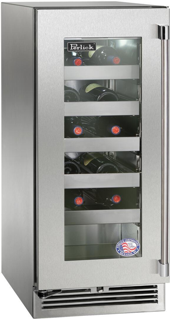 Perlick 15" Signature Series Built-In Wine Cooler with 20 Bottle Capacity Single Zone with Glass Door in Stainless Steel (HP15WM-4-3)