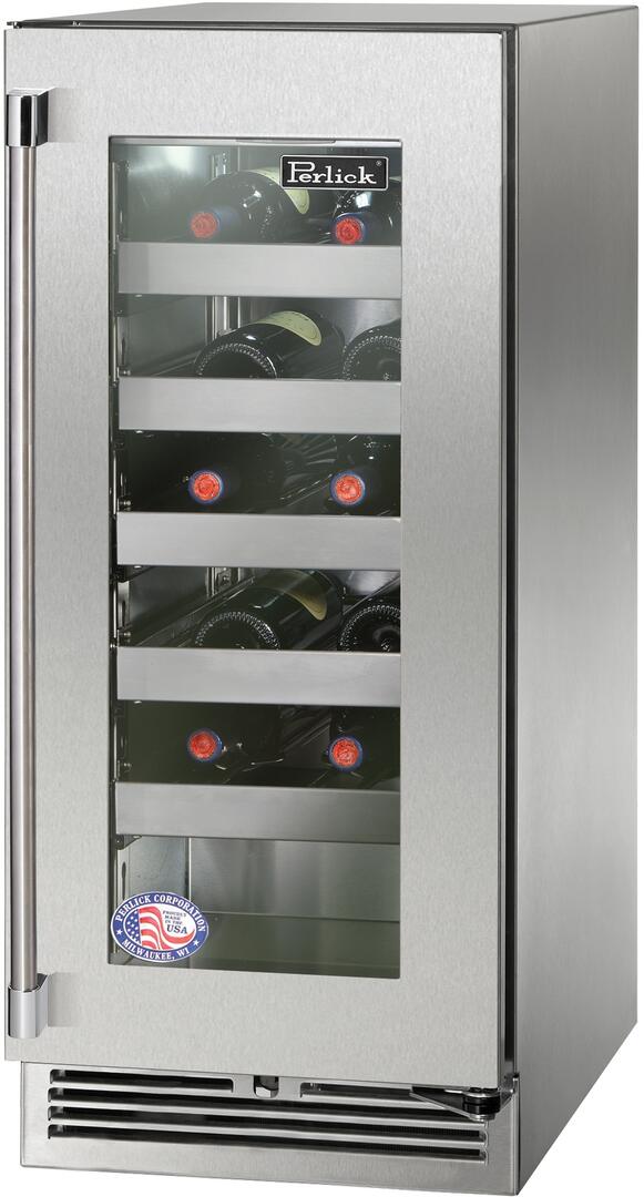 Perlick 15" Signature Series Built-In Wine Cooler with 20 Bottle Capacity Single Zone with Glass Door in Stainless Steel (HP15WM-4-3)