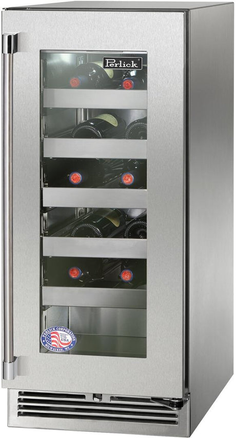 Perlick 15" Signature Series Built-In Wine Cooler with 20 Bottle Capacity Single Zone with Glass Door in Stainless Steel  (HP15WM-4-3)