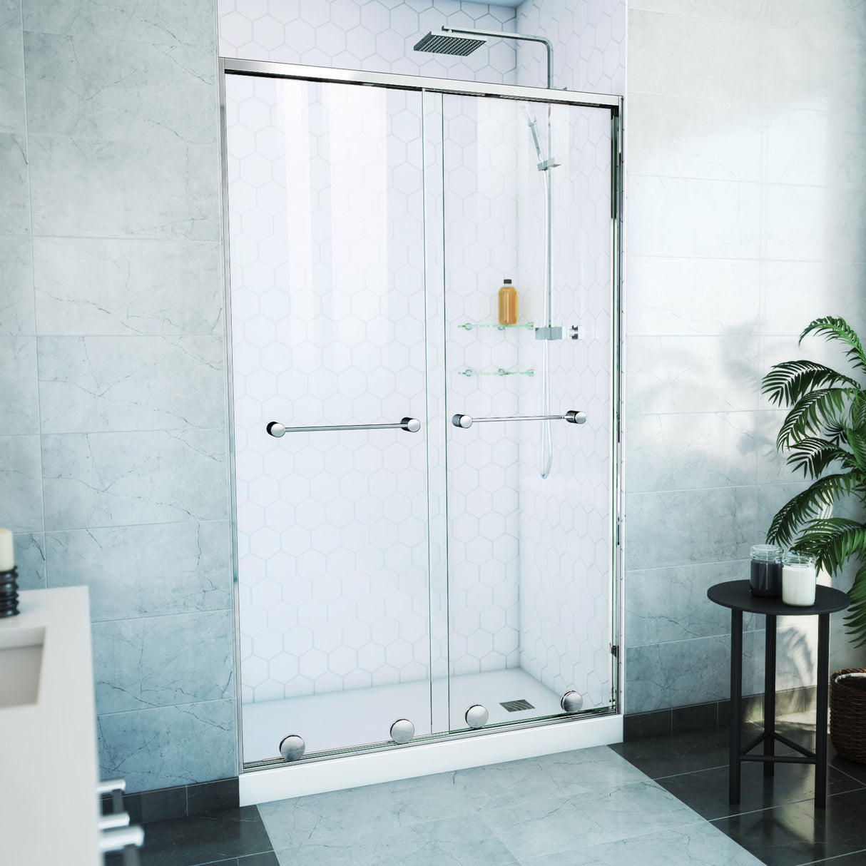 DreamLine Harmony 44-48 in. W x 76 in. H Semi-Frameless Bypass Shower Door in Chrome and Clear Glass