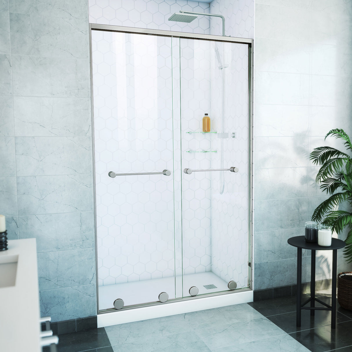 DreamLine Harmony 44-48 in. W x 76 in. H Semi-Frameless Bypass Shower Door in Brushed Nickel and Clear Glass