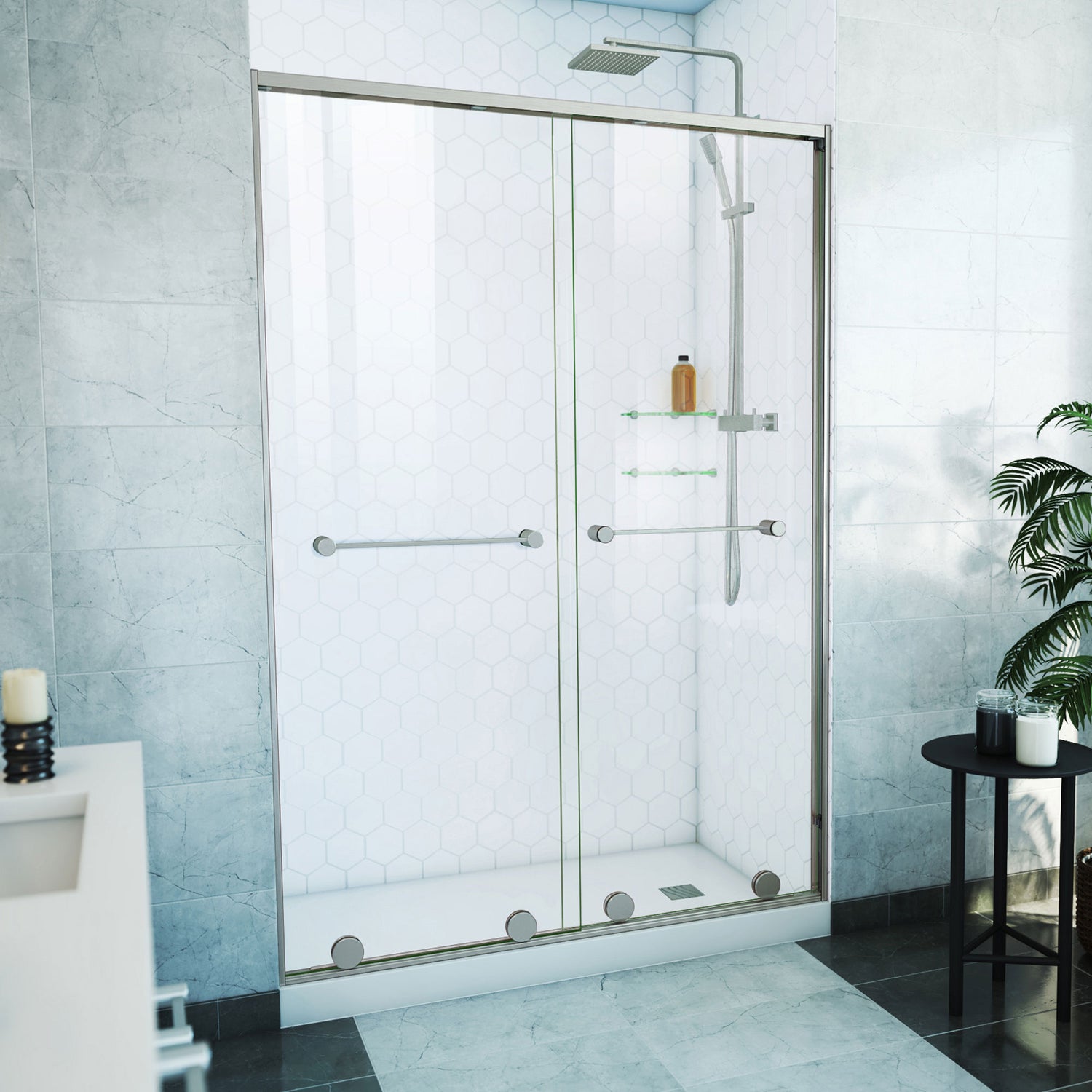DreamLine Harmony 50-54 in. W x 76 in. H Semi-Frameless Bypass Shower Door in Brushed Nickel and Clear Glass