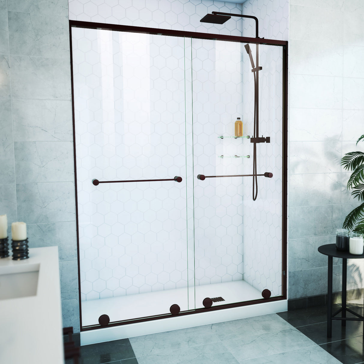 DreamLine Harmony 56-60 in. W x 76 in. H Semi-Frameless Bypass Shower Door in Oil Rubbed Bronze and Clear Glass