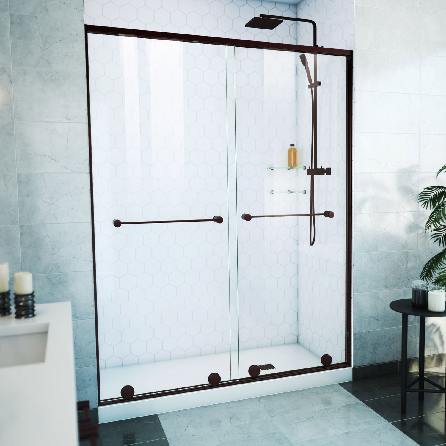 DreamLine Harmony 56-60 in. W x 76 in. H Semi-Frameless Bypass Shower Door in Oil Rubbed Bronze and Clear Glass