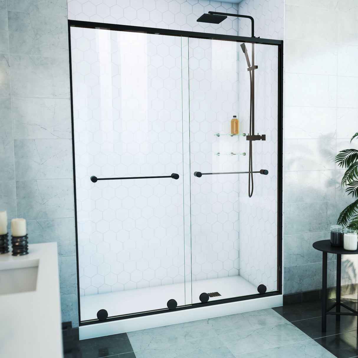 DreamLine Harmony 56-60 in. W x 76 in. H Semi-Frameless Bypass Shower Door in Satin Black and Clear Glass