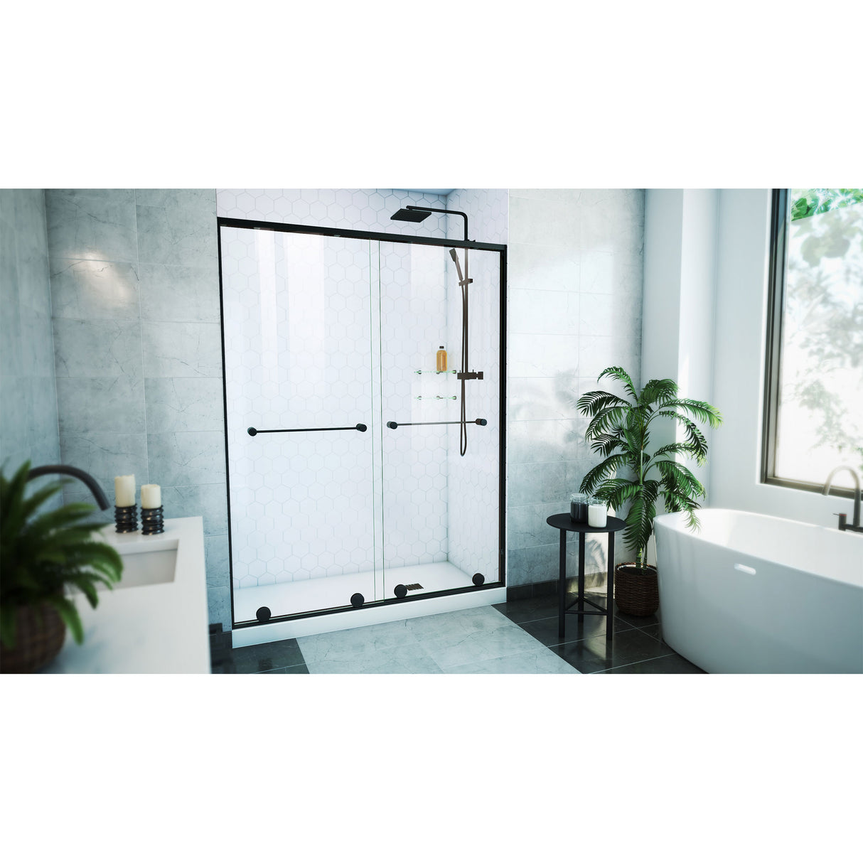 DreamLine Harmony 56-60 in. W x 76 in. H Semi-Frameless Bypass Shower Door in Satin Black and Clear Glass