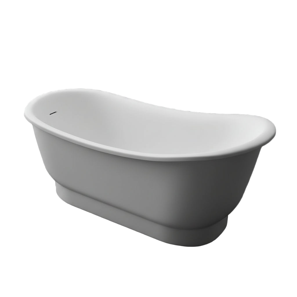 White freestanding bathtub in a modern bathroom setting with a gray rug and slippers.