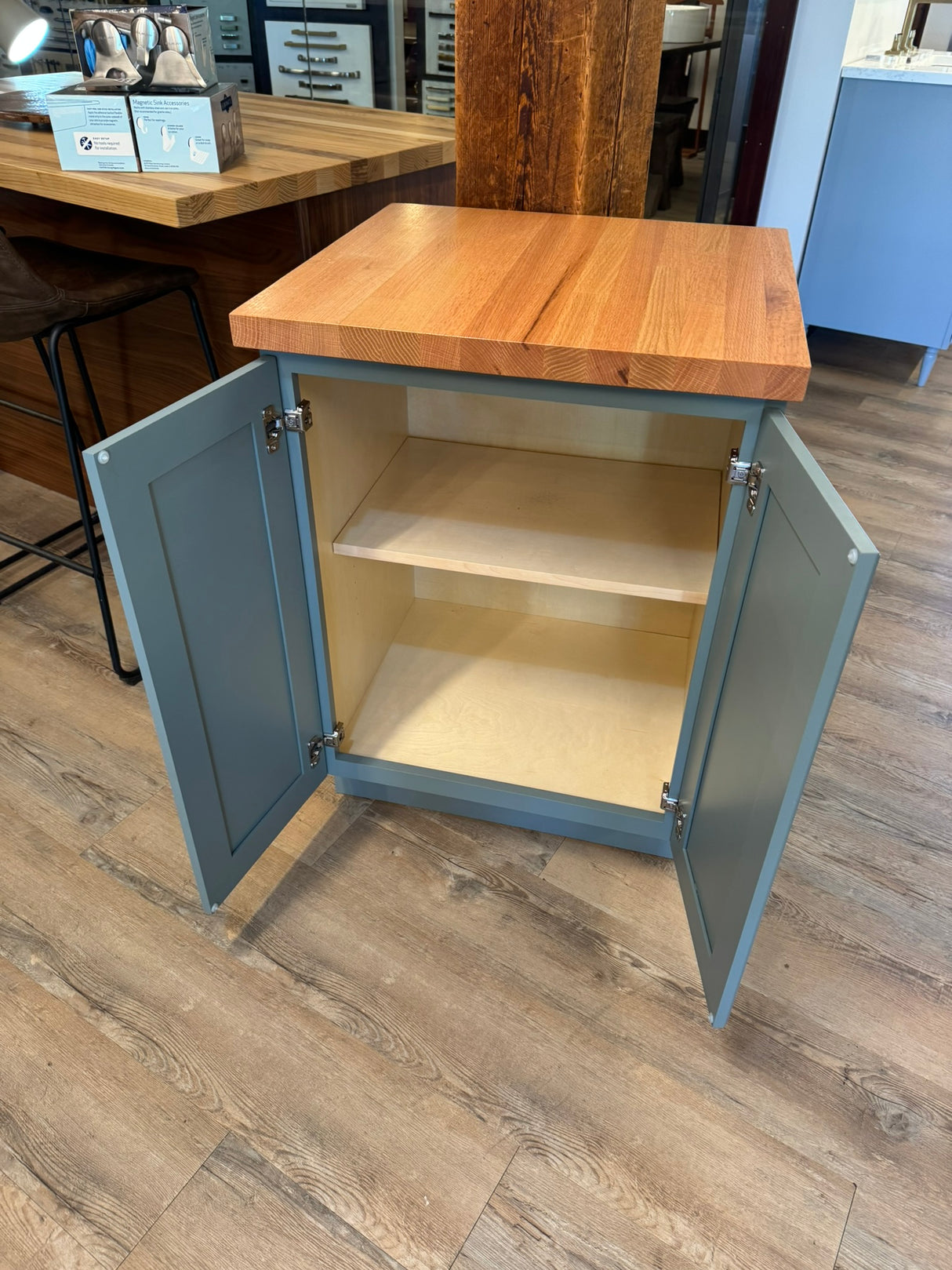 25" Sage Green Cabinet with Solid Wood Butcher Block Top – Many Uses! - Storage Cabinet - Coffee Bar - Small Kitchen Island
