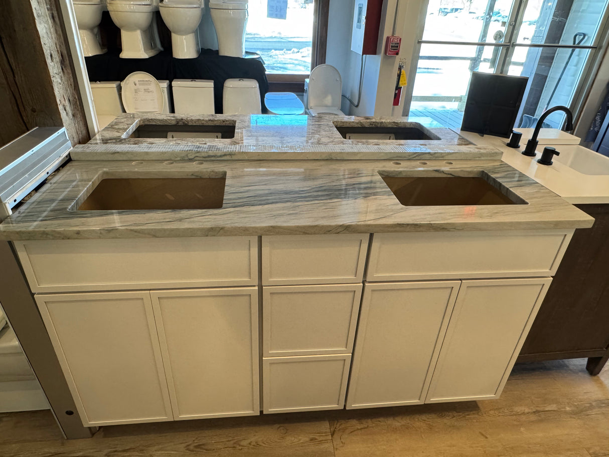 60" Shaker Dove Double Vanity by Cab-Tec – Solid Wood, Soft Close, Quartzite – Floor Model