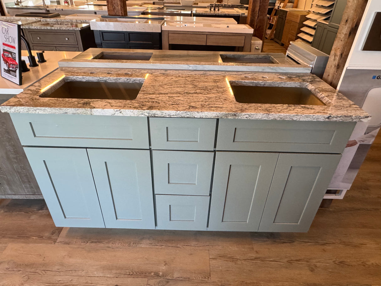 60" Shaker Moss Double Vanity by Cab-Tec – Solid Wood, Soft Close, Sahara Sky – Floor Model
