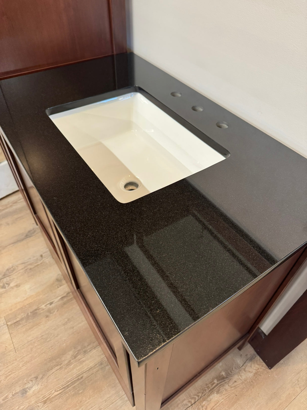 36" Bertch Cherry Vanity with Dark Granite Top and 18" Linen Tower with Matching Mirror