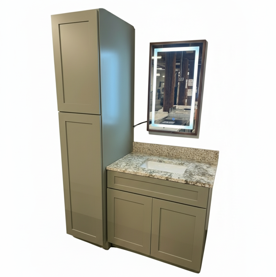 36" Moss Green Shaker Vanity with Granite Top - Includes Tower & LED Mirror