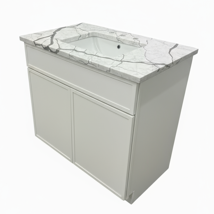 Cab-Tec 38" Slim Shaker Dove Bathroom Vanity w/ White Quartz Top, Undermount Sink & Solid Wood Construction
