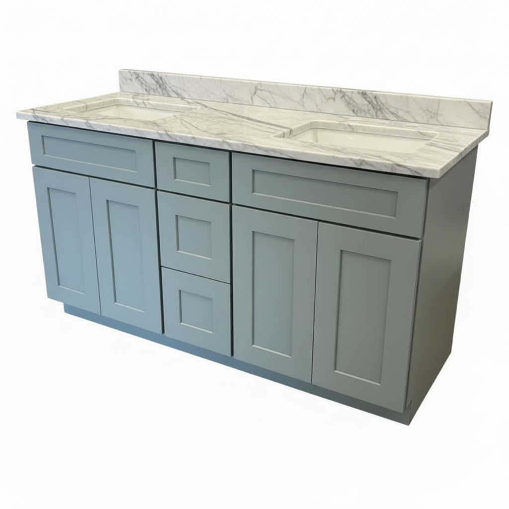 Cab-Tec 62" Shaker Moss Double-Sink Vanity – Solid Wood, Soft-Close, MSI Audacia Quartzite Top – Floor Model