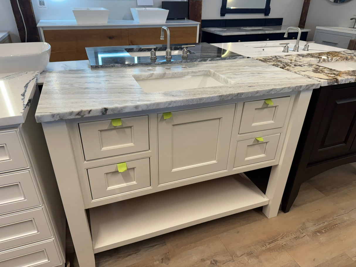 JSI 48" White Shaker Vanity w/ Fantasy Brown Stone Top & Undermount Sink – Floor Model