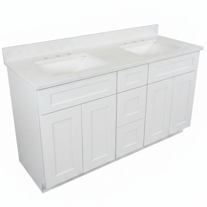60" Cab-Tec Designer Double Vanity in Shaker White with Cultured Marble Top