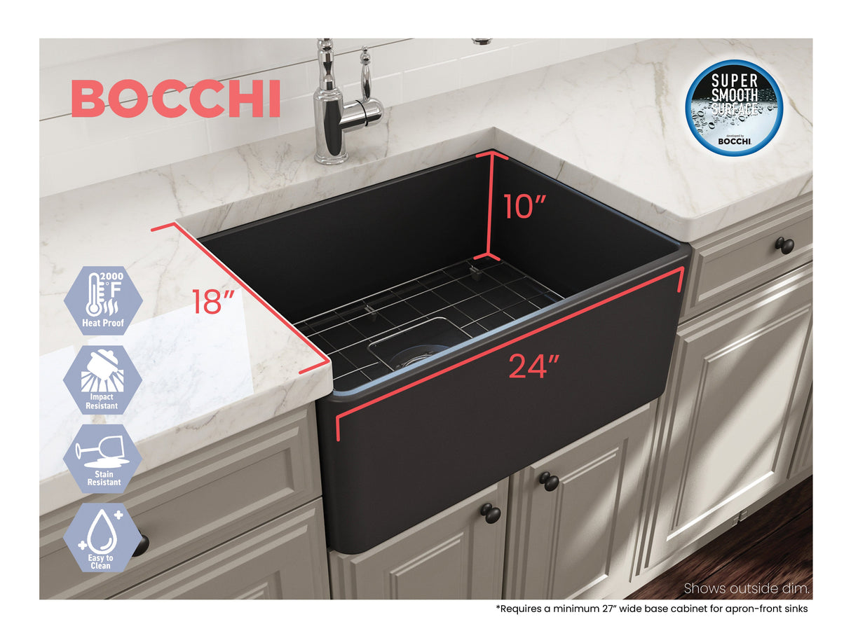BOCCHI 1137-020-0120 Classico Farmhouse Apron Front Fireclay 24 in. Single Bowl Kitchen Sink with Protective Bottom Grid and Strainer in Matte Dark Gray