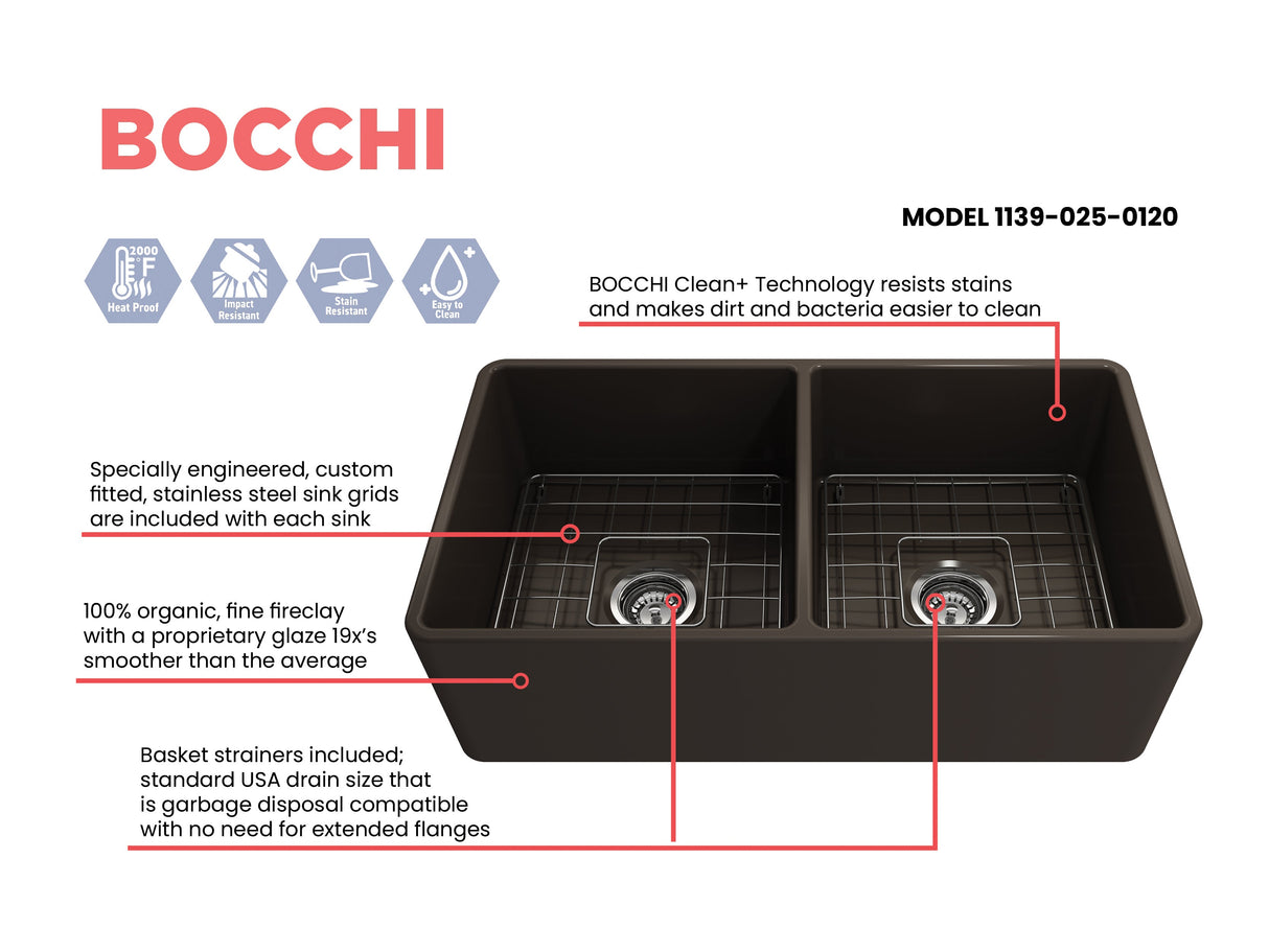 BOCCHI 1139-025-0120 Classico Farmhouse Apron Front Fireclay 33 in. Double Bowl Kitchen Sink with Protective Bottom Grids and Strainers in Matte Brown