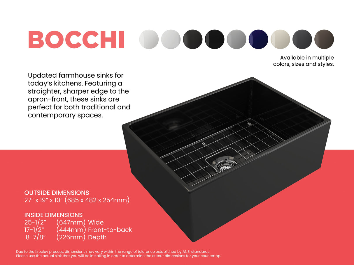 BOCCHI 1356-005-0120 Contempo Apron Front Fireclay 27 in. Single Bowl Kitchen Sink with Protective Bottom Grid and Strainer in Black