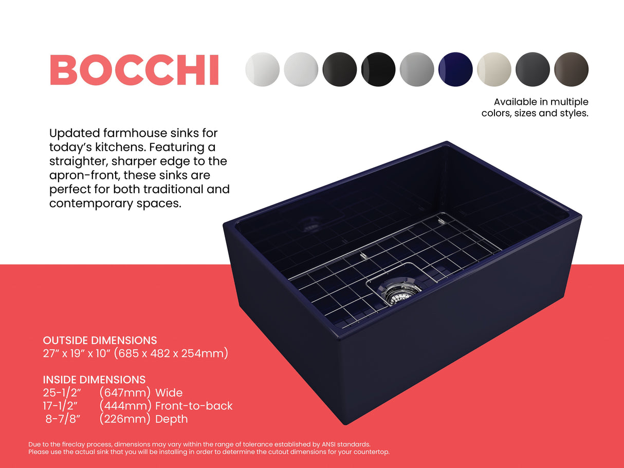 BOCCHI 1356-010-0120 Contempo Apron Front Fireclay 27 in. Single Bowl Kitchen Sink with Protective Bottom Grid and Strainer in Sapphire Blue