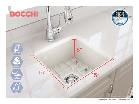 BOCCHI 1359-014-0120 Sotto Dual-mount Fireclay 18 in. Single Bowl Bar Sink with Protective Bottom Grid and Strainer in Biscuit