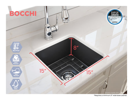 BOCCHI 1359-020-0120 Sotto Dual-mount Fireclay 18 in. Single Bowl Bar Sink with Protective Bottom Grid and Strainer in Matte Dark Gray