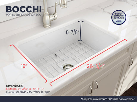 BOCCHI 1360-001-KIT1 Kit: 1360 Sotto Dual-mount Fireclay 27 in. Single Bowl Kitchen Sink with Protective Bottom Grid and Strainer & Workstation Accessories