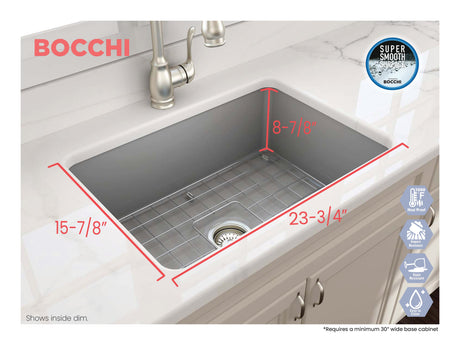 BOCCHI 1360-006-0120 Sotto Dual-mount Fireclay 27 in. Single Bowl Kitchen Sink with Protective Bottom Grid and Strainer in Matte Gray